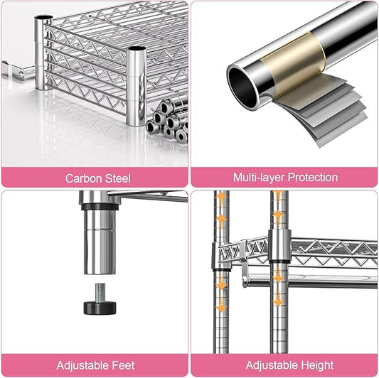 Heavy Duty Rolling Garment Rack 3 Tiers Adjustable Wire Shelving Clothes Rack with 1 Rods and Side Hooks,Storage Closet Clothing Rack with Wheels Chrome 15.7" D x 45.3" W x 75.6" H