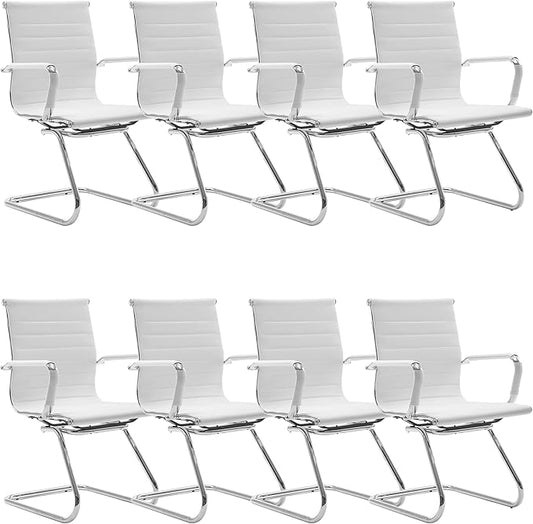 White Office Desk Chair No Wheels Set of 8 PU Leather Computer Chairs Mid Back Guest Chairs for School Reception Conference Waiting Room, White