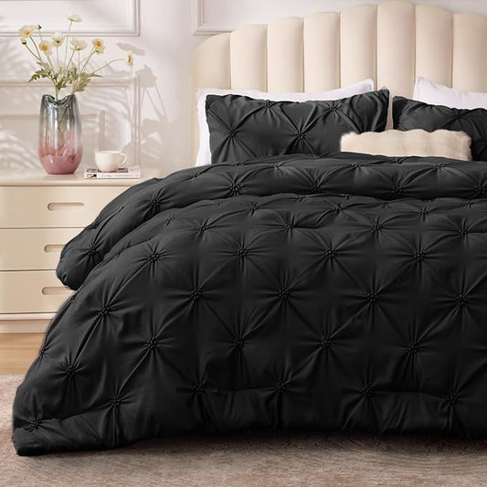 BEDELITE Black Comforter Set Queen - 3 Pieces Boho Pintuck Bedding Comforter Sets, Lightweight Soft & Warm Bed Comforter Queen with 2 Pillowcases for All Season