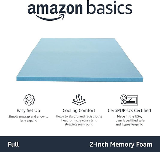 Amazon Basics Full Mattress Topper, Cooling Gel-Infused, CertiPUR-US Certified, 2 Inches, Blue