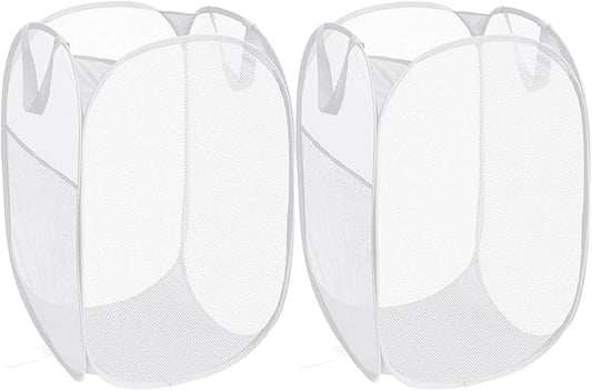 2 Pack Durable Collapsible Laundry Baskets - Reinforced Mesh Pop Up Laundry Hamper with Pocket, Foldable Dirty Clothes Hamper with Carry Handles for Laundry, Bathroom, Kids Room, Dorm or Travel White