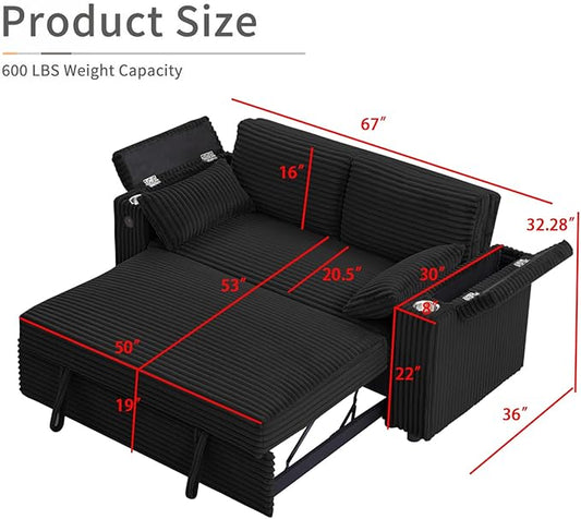 Convertible Corduroy Sofa Bed with USB Charging Port & Cup Holders, 68.11" Foldable Sleeper Chair with Armrests & Pillows, 3-in-1 Floor Futon for Living Room, Bedroom, Guest Room,Easy Assembly