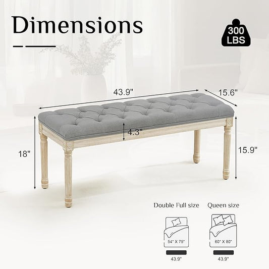 LOULENS 43.9" Linen Fabric End of Bed Bench, Vintage French Upholstered Button Tufted Entry Bench, Window Seat with Carved Wood Legs for Bedroom, Living Room, Entryway, Foyer, Hallway, Light Grey