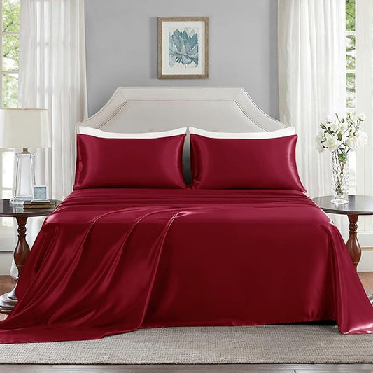 Satin Sheets California King Size - 4 Pieces Luxury Silky Soft Bed Sheets, Wrinkle-Free Burgundy Satin Silk Sheet Set with 1 Deep Pocket Fitted Sheet, 1 Flat Sheet, 2 Pillow Cases