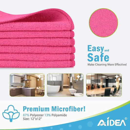 AIDEA Microfiber Cleaning Cloth-12PK, Soft Microfiber Towels for Cars, Absorbent Cleaning Rags, Lint-Free Streak-Free Wash Cloths for House, Kitchen, Window(12in.x12in), Pink