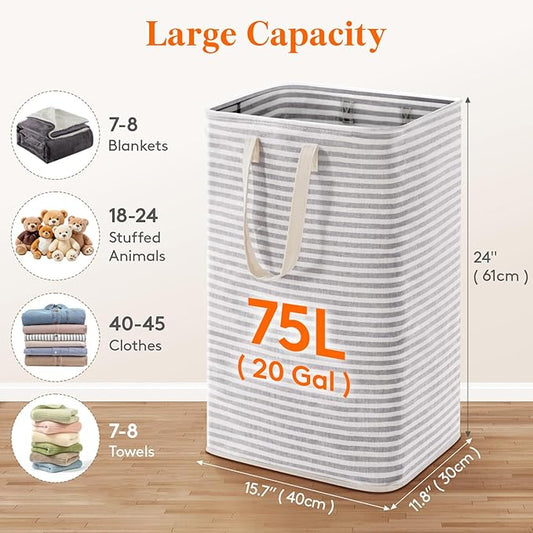 Lifewit 2 Pack Double Freestanding Clothes Hamper with Carry Handles, Large Tall Laundry Basket for Organization for Adults in Laundry Room Dorm Bedroom, Gray, 2 x 76L