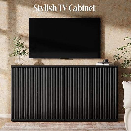 Fluted Buffet Cabinet Sideboard with Storage,Wooden Credenza with 2 Doors&Adjustable Shelve, Modern Accent Cabinets Coffee Bar Bookcase for Living Room,Kitchen Dining Room Entryway 15"D Black