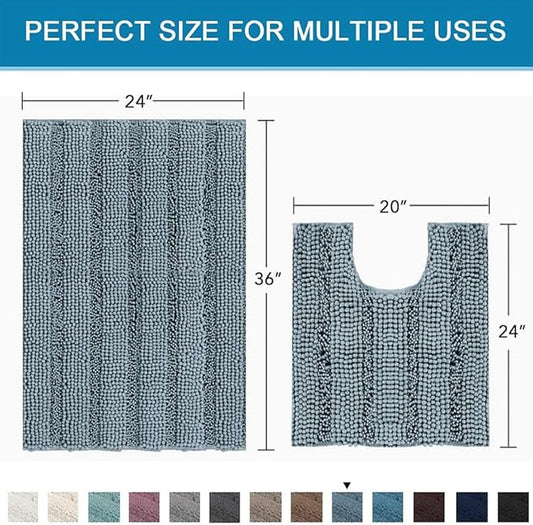 H.VERSAILTEX Bathroom Rugs Bath Rug Set 2 Piece Bathroom Contour Rug Toilet Mat Sets Non Slip Contour Bath Rug Ultra Thick Water Absorbent Striped Bath Mats(36" x 24" Plus 20" x 24" U, Stone Blue)