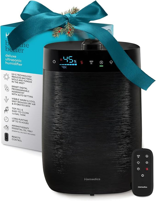 Homedics Deluxe Ultrasonic Humidifier for Large Rooms, Warm or Cool Mist, UV-C Technology, 1.5-Gallon Top Fill Tank, Smart Digital Programmable Humidistat, Home Dry Air Relief, Aromatherapy