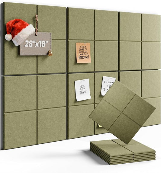 Felt Bulletin Board Tiles -28"x18" Cork Board Alternative for Office Decor, Push Pin Board Wall Organizer 6-Pack-Olive Green