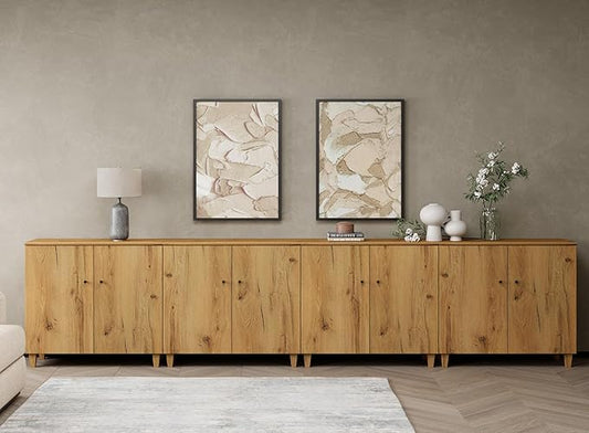 WAMPAT Storage Cabinets with Doors, Set of 4 Wood Sideboards Extra Wide Buffet Storage Cabinets, Accent Cabinets with 12 Compartments for Living Room, Dining Room, Kitchen, 2 Packs, Rustic Oak Brown