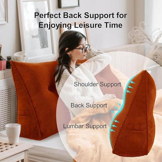 WOWMAX 100% Cotton Corduroy Headboard Pillow – Full Size Back Support Reading Wedge for Bed & Daybed, Plush Handmade Bolster Cushion with Removable Cover, Cozy Bed Rest Pillow, Rusty Orange