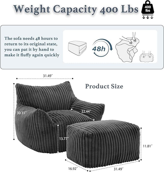 Oversized Bean Bag Chaise Lounge Chair Indoor for Adults with Armrests & Ottoman - Giant Comfy Gray Beanbag Floor Sofa Cloud Accent Chair for Reading, Gaming, Cozy Plush Cloud Mini Couch