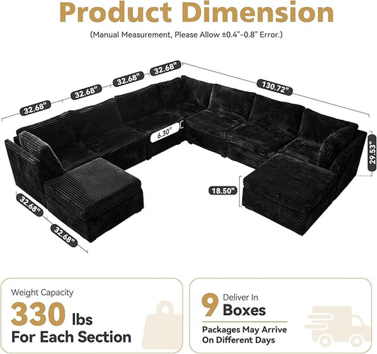 Large 9 Seat Modular Sectional Sofa with Ottoman Seat Corduroy Sleeper Sectional Sofa Bed Oversized Convertible Modular Couch for Living Room