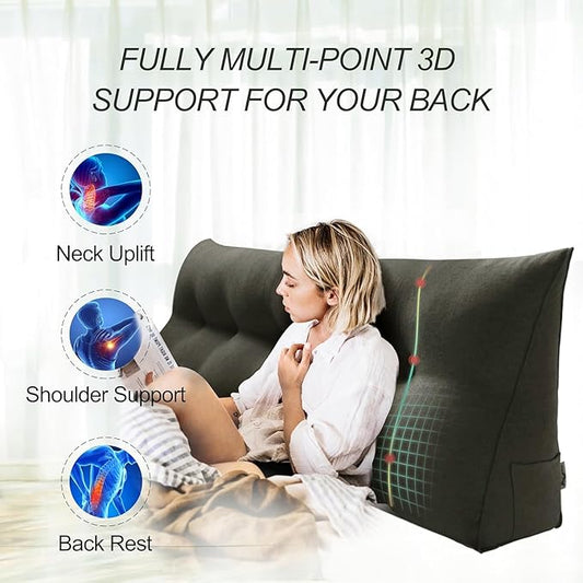 WOWMAX 85% Linen 15% Cotton Blend Headboard Pillow – Full Size Reading Wedge Backrest for Bed, Handmade Firm Support Bolster Cushion with Removable Cover, Premium Bed Rest Pillow, Deep Gray