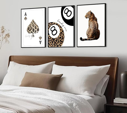 XLYFVLGF 3Pcs Trendy Leopard Canvas Wall Art Cheetah Prints Wall Decor Pictures Funky Lucky You 8 Ball Posters Preppy Aesthetic Paintings for Girls Bedroom Dorm Apartment Decoration 12x16 inch