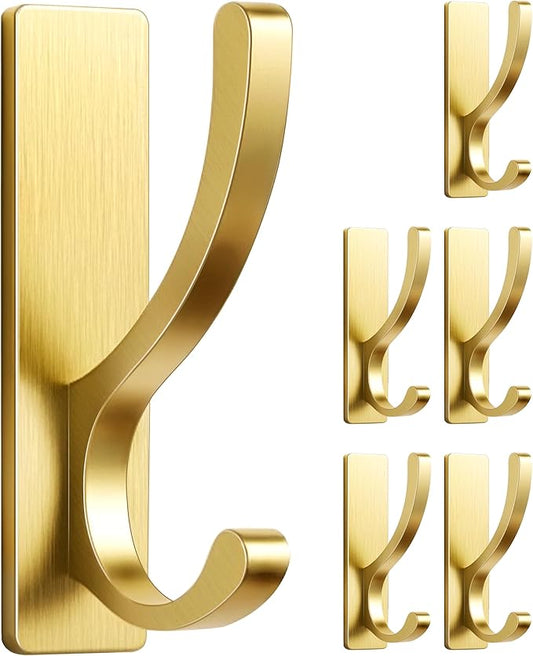 pickpiff Adhesive Wall Hooks for Towels - Sticky Hook Hanging Heavy Duty (13lb), Hanger for Door, Bathroom, Dorm, Closet - for Coats, Purse, Bag, Robe - No Damage to Wall - Brushed Gold 6 Pack