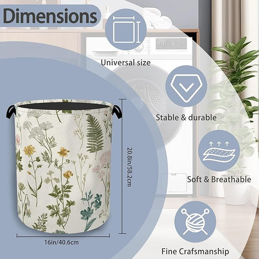 Wildflowers Herb Laundry Basket,Plants Botanical Oxford Cloth Laundry Hamper with Handle Foldable Portable Clothes Storage Basket for Bathroom Bedroom Dorm Room 16" x 20.8"
