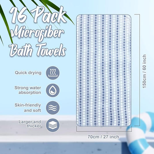 16 Pack Microfiber Bath Towels Bulk 27'' x 60'' Oversized Size Bath Towel Highly Absorbent Extra Large Soft Drying for Shower Beach Winter Salon Sport Gym Party (Cone,Blue)