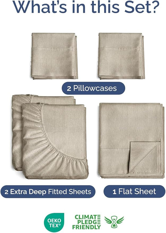 Extra Deep Pocket Split King Sheets - 5 Piece Breathable & Cooling Bed Sheets - Hotel Luxury Bed Sheet Set - Soft, Wrinkle Free & Comfy - Easily Fits Extra Deep Mattresses - Heathered Beige Sheets Set