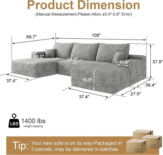 108" Sectional Couches for Living Room Modern Modular Sofa with L-Shape Couchs Upholstered Boneless Couch Deep Seat Sectional Couch with Chaise (Grey, Left Facing Chaise+2Seaters+1Ottoman)