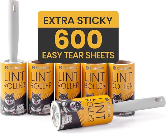 Lint Roller 600 Sheets (2 Rollers + 4 Refills) - Lint Rollers for Pet Hair Extra Sticky, DELOMO Mega Value Pet Hair Removal Tool for Clothes/Couch/Furniture/Car - Ideal Home Gift for Pet Owners