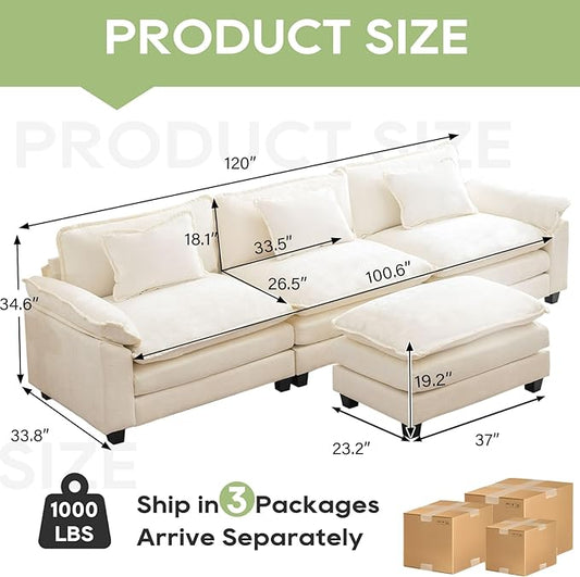 120" Modular Sectional Sofa, Comfy Cloud Couch Sectional Sofa with Ottoman, Chenille Sofa Sleeper Deep Seat Sofa with Throw Pillows for Living Room (Beige White, 120"- L Shape)