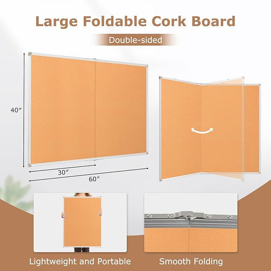 DOLLAR BOSS Foldable Cork Board, 60 x 40 Inch Corkboard, Extra Large Bulletin Board, Portable Double sided Aluminum Frame Wall Mounted Pin Board for Office School Supplies Dorm Decor with 20 Push Pins