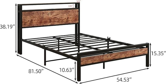 HOJINLINERO Full Size Bed Frame with Storage Headboard/USB Charging Station,Metal Platform Bed Frame Full Size No Box Spring Needed,Noise-Free,Strong Steel Slats Support,Rustic Brown