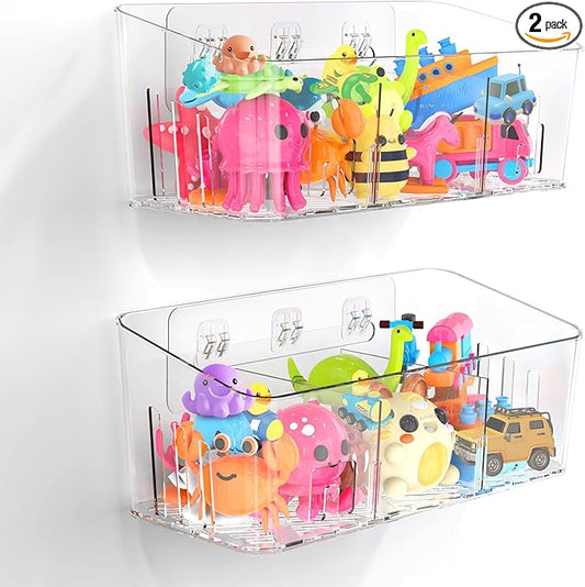 Lysam Bath Toy Storage 2 Packs, Large Bath Toy Holder with 3 Compartment, Quick Dry Bathtub Toy Organizer, Bath Tub Toy Net, Shower Toy Basket & Bin, Bathroom Accessories for Baby,Toddler,Kids(Clear)