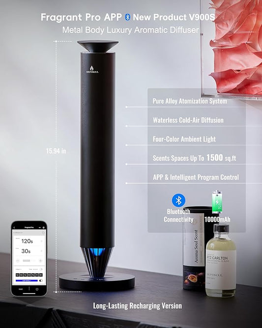 Waterless Scent Diffuser Starter Kit - 1500 Sq Ft Coverage, Alloy Atomization System,Mood Light,Smart Rechargeable Hotel Scent Diffuser, Including 120ml Essential Oil, for Home,Large Room,Spa,Black
