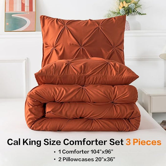 Andency California King Comforter Set Burnt Orange, Pinch Pleat Cal King Comforter Set 3 Pieces, Lightweight Soft Oversized King Microfiber Down Alternative Bedding Set