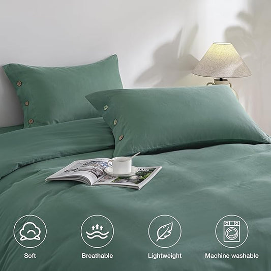 JELLYMONI Pillowcases Standard Set of 2 Cotton Button Pillow Covers 20×26in Dark Green Bed Pillow Cases 100% Washed Cotton Soft Breathable (Pillows are not Included)