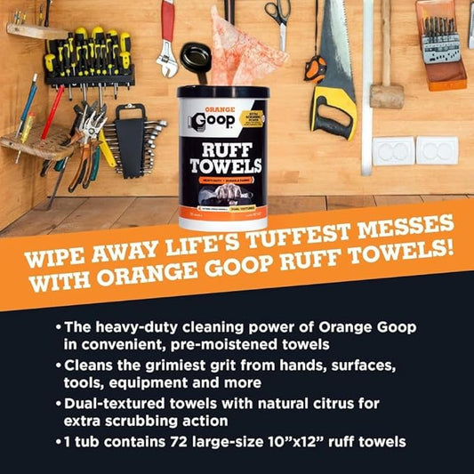 GOOP Orange Heavy Duty Ruff Towels with Scrubbing Power, 10” x 12” Dual Textured Multi-Purpose Cleaning Wipes, Removes Dirt, Grease, Oil, 72 Count