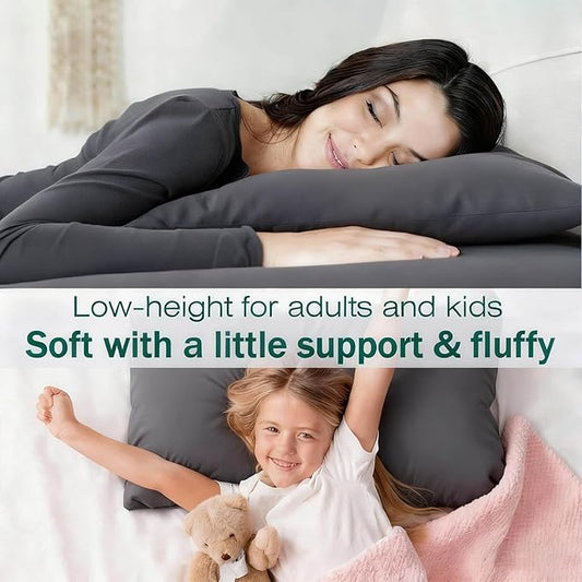Flat Ultra Thin Bed Pillows Standard Size Pillow Set of 2 Extra Soft Down Alternative for Stomach Side Back Sleeper Dark Grey 20x26inches