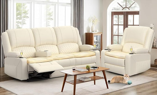 3 Seater Recliner Sofa Set with 2-Tier Cushion, 3+1 Pieces in Living Room, 3 Seater Reclining Couch Leather with Removable Console, 1 Oversize Recliner Chair Sofa Seat