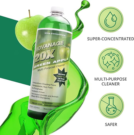 Advanage 20X All Purpose Cleaner Concentrate โ Green Apple Eco-Friendly Heavy Duty Degreaser, Multisurface Cleaner for Bathroom, Kitchen, Floors, Household Cleaning Supplies, Made in USA, 32 Fl Oz