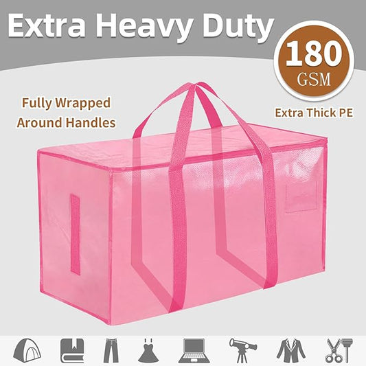12 Pack-Extra Large Heavy Duty Moving Bags - Waterproof Storage Totes with Handles & Zippers, Foldable for College Dorm, Storage (Pink)