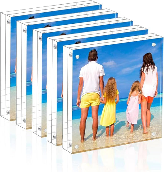 Meetu Acrylic 4x4 Picture Frame Clear Two Sided Desk Photo Frame Magnetic Frame Inner Size 3x3 with Gift Pack for Display Family Pictures Baby Photos Friends Pictures or Pet Dog Picture(5 Pack)