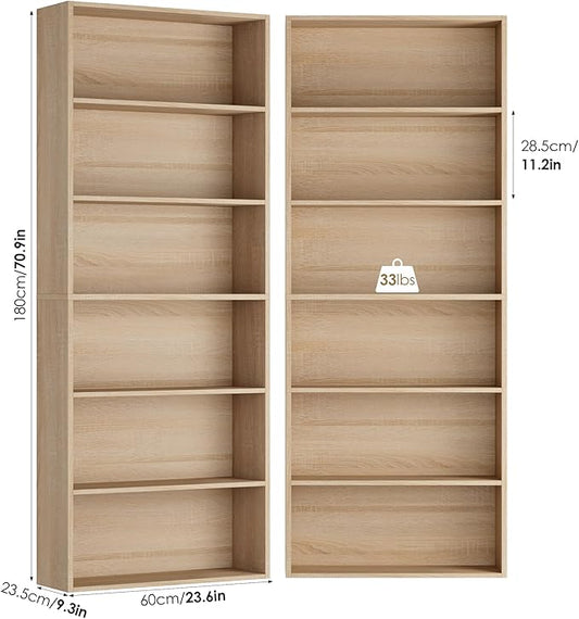 FOTOSOK 6-Tier Open Bookcase and Bookshelf Set of 2, Freestanding Display Storage Shelves Tall Bookcase for Bedroom, Living Room and Office, Light Oak