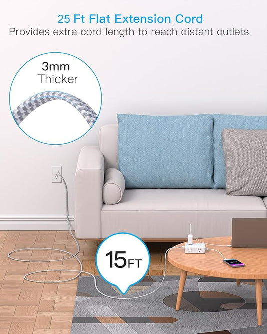 25Ft Extension Cord with Multiple Outlets, Flat Plug Power Strip Surge Protector 25 Ft Long Cord, 8 Outlet 4 USB Ports (2 USB C), Multi Outlet Wall Plug for Office, College, Dorm Room Essentials