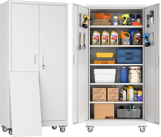 SUXXAN Metal Garage Storage Cabinet with Wheels and Pegboard 71'' x 34'' x 18'', Lockable Rolling Steel Cabinet with 5 Adjustable Shelves and Door for Garage, Office, Kitchen, Assembly Required