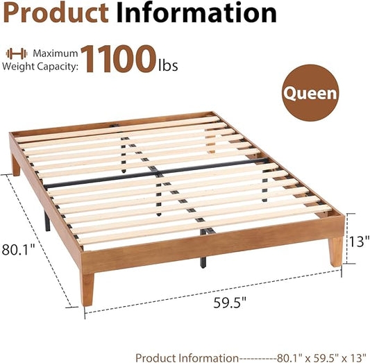 Sweetcrispy Solid Wood Bed Frame, Queen Size Bed Base with Wood Slat Support, Sturdy, Stylish & Noise-Free Design, No Box Spring Needed, Easy Assembly, Dark Brown