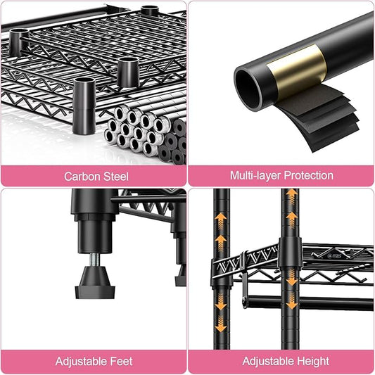 Heavy Duty Rolling Garment Rack 3 Tiers Adjustable Wire Shelving Clothes Rack with 1 Rods and Side Hooks,Storage Closet Clothing Rack Black 15.7" D x 43.3" W x 76.5" H