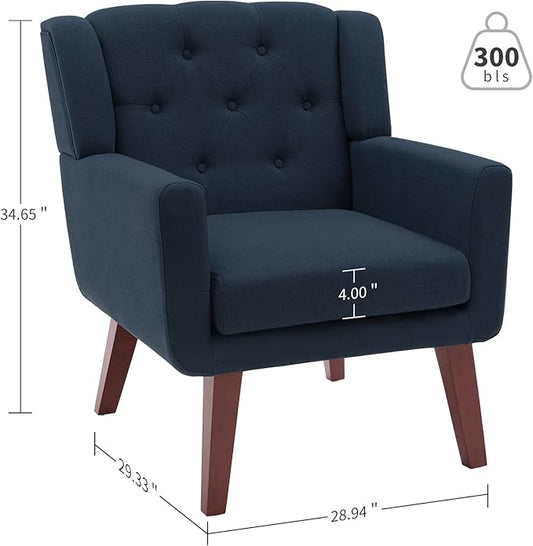 Accent Chair Button-Tufted Upholstered Living Room Chairs Comfy Reading Chair Mid Century Modern Chair with Linen Fabric Lounge Arm Chairs for Living Room Bedroom (Dark Blue)