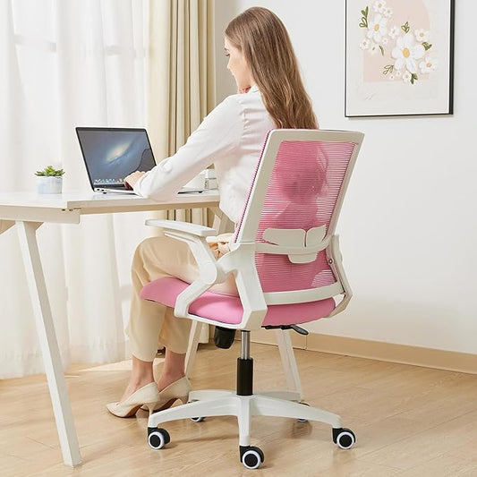 Ergonomic Office Chair Desk Chair with Adjustable Height Mesh Computer Chair Swivel Chair with Flip-up Arms and Lumbar Support Pink