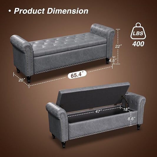 65 Inch Bedroom Bench, End of Bed Bench with Storage, Bed Benches for Foot of Bed, Faux Leather Window Bench with Tufted Button and Nailhead Trim, Upholstered Storage Bench with Rolled Arms, Gray