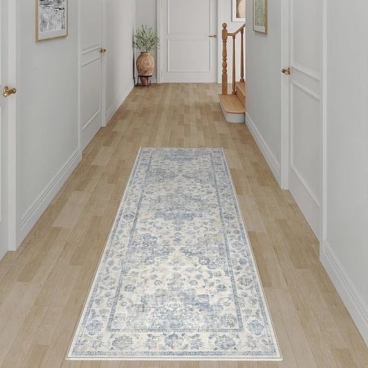 2x5 Washable Neutral Runner Rug Blue Vintage Hallway Kitchen Carpet Non-Slip Soft Low Pile Floral Throw Rug for Bedroom Bathroom Laundry Living Room