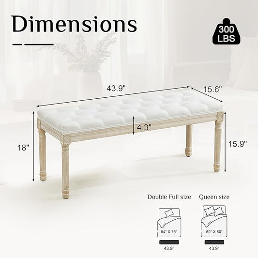 LOULENS 43.9" Linen Fabric End of Bed Bench, Vintage French Upholstered Button Tufted Entry Bench, Window Seat with Carved Wood Legs for Bedroom, Living Room, Entryway, Foyer, Hallway, White