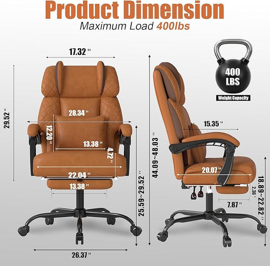 Ergonomic Office Chair with Footrest, 400lbs High Back Executive Home Office Computer Chair with Unique Ear-Shape Headrest for Neck Support,Brown Leather Office Chairs for Home Office Work